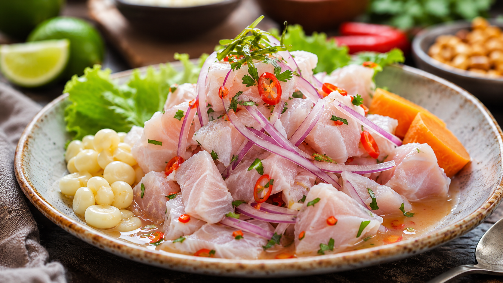 Plato tradicional peruano recién preparado, presentado con ingredientes frescos