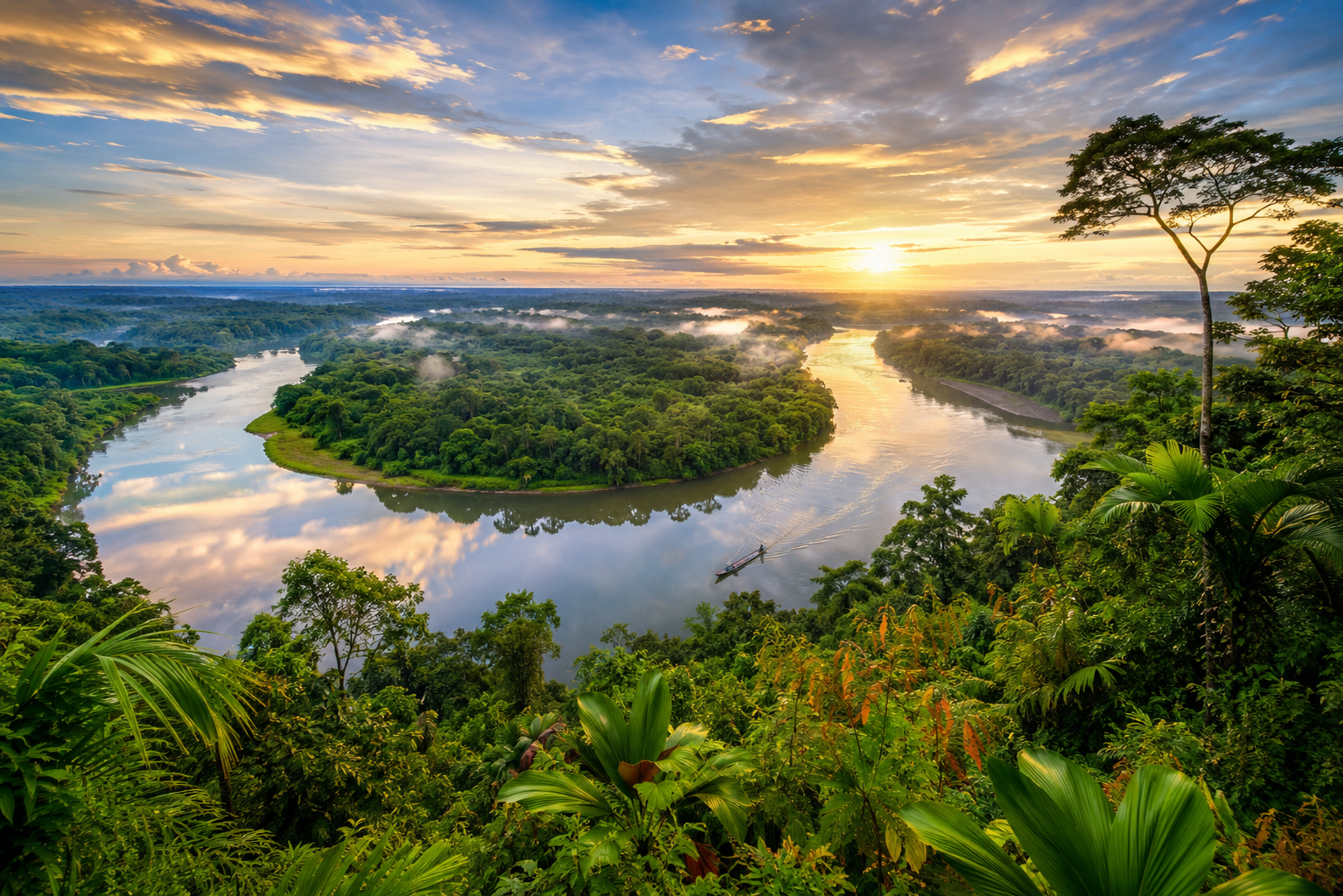 Vista aérea de la selva amazónica peruana con un río serpenteante