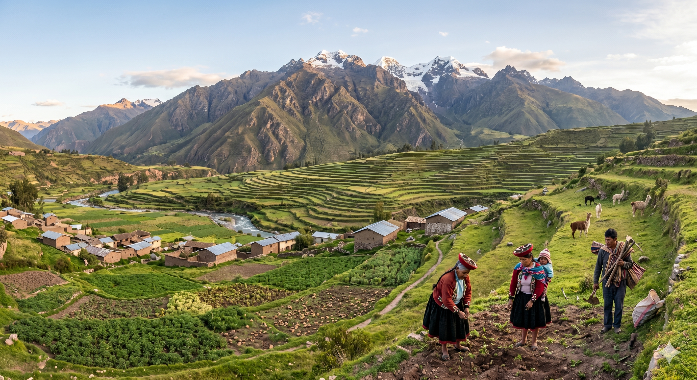 Cordillera andina con nevados y terrazas agrícolas en la sierra peruana